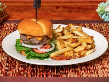 Cheeseburger with fries on a white plate.