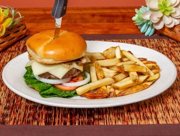 Cheeseburger with fries on a white plate.
