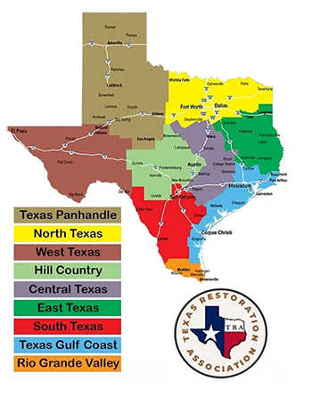 Map of Texas regions with color-coded areas and major cities.