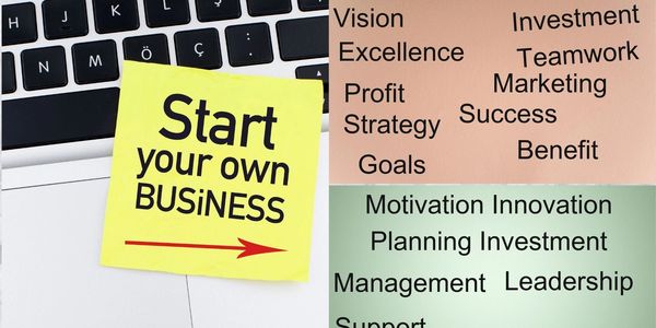 Sticky note on laptop keyboard reading 'Start your own BUSINESS' with business-related words on background.