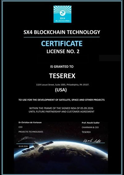 Certificate for Teserex from SX4 Blockchain Technology.