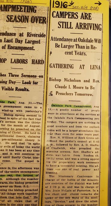 Newspaper article from August 18, 1916 with headline "Campers are still Arriving" and "Attendance at