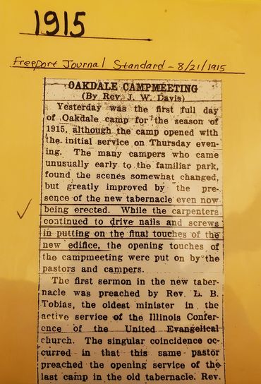 newspaper clipping from Freeport Journal Standard, August 21, 1915 about the Oakdale Campmeeting, by