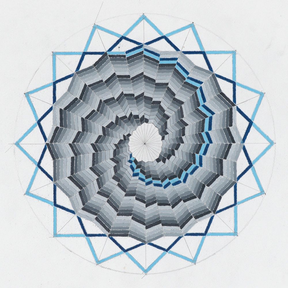 Geometric circular pattern with shades of blue and gray.