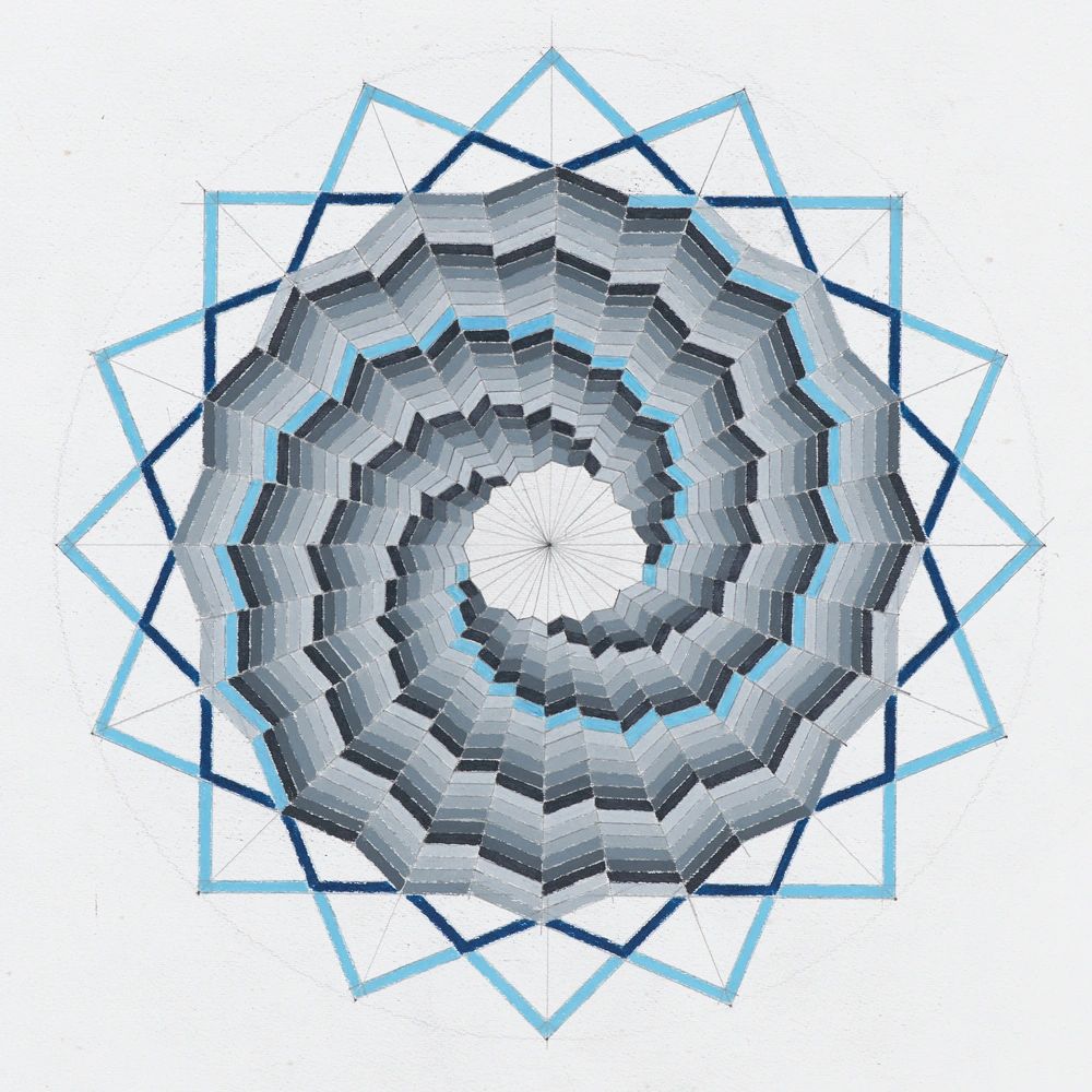 Geometric abstract design with blue and gray shades.