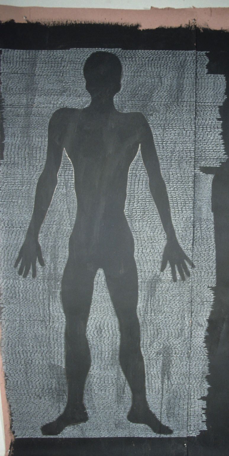 Silhouette of a human figure surrounded by dense text.