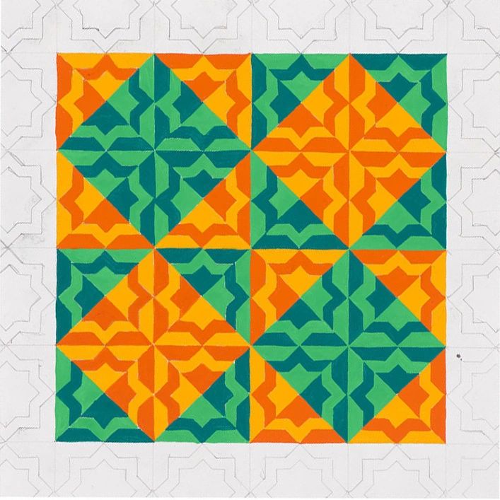 Colorful geometric tile pattern with orange, green, and yellow.