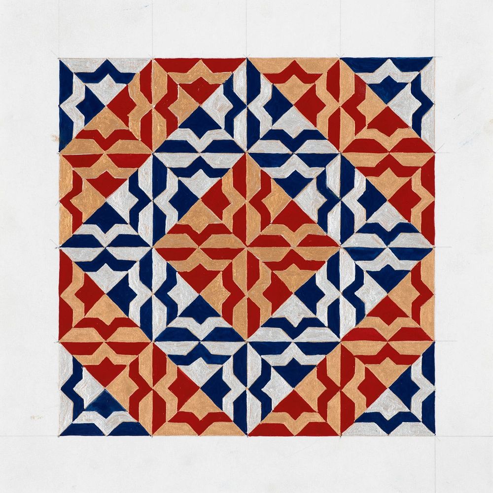 Geometric pattern with red, blue, gold, and silver shapes.