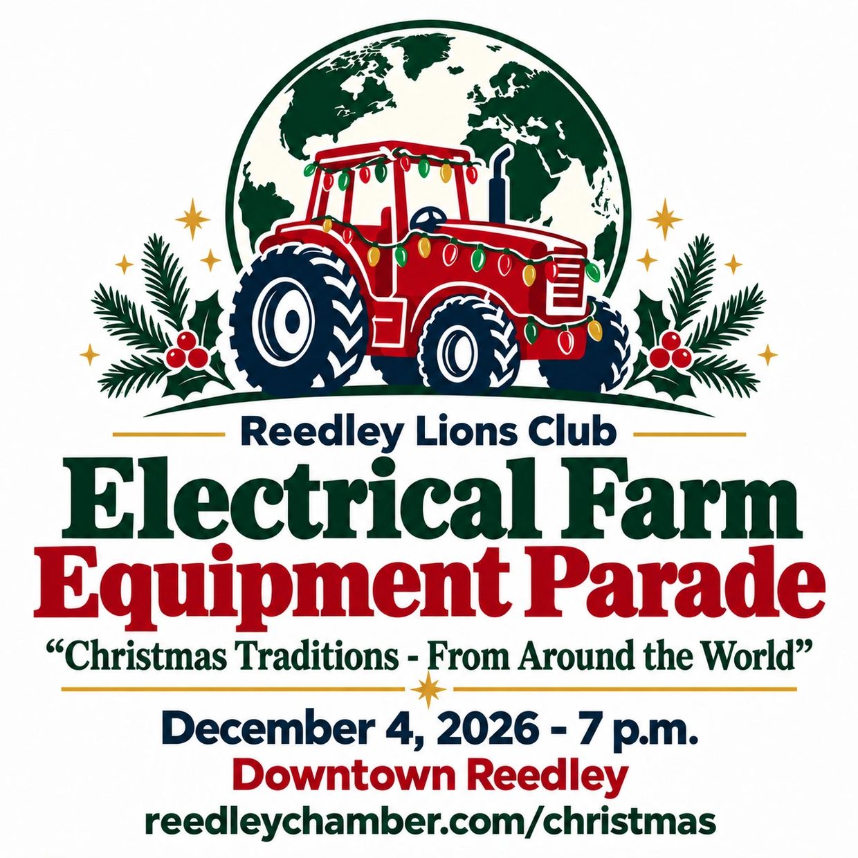Event poster for Reedley Lions Club Electrical Farm Equipment Parade.