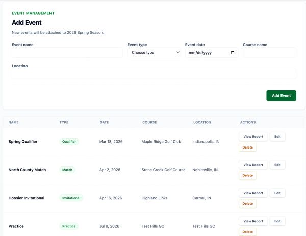 Interface for managing golf events with options to add, edit, view reports, and delete.