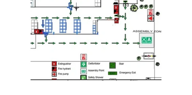 Fire safety and emergency evacuation plan with marked routes and safety equipment.