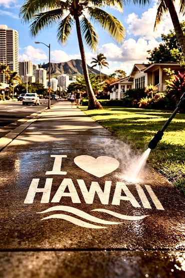 Sidewalk art in Hawaii being cleaned with a power washer under palm trees.