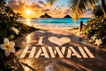 Sunset on a tropical beach with "I love Hawaii" written on the pathway.