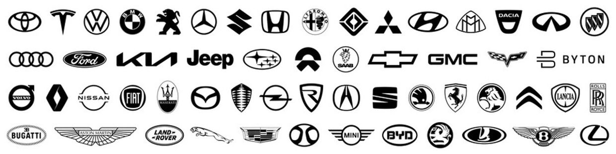 A collection of various car brand logos in black and white.
