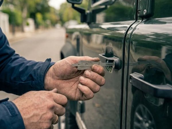 Person picking a lock on a dark green car door using lock-picking tools.