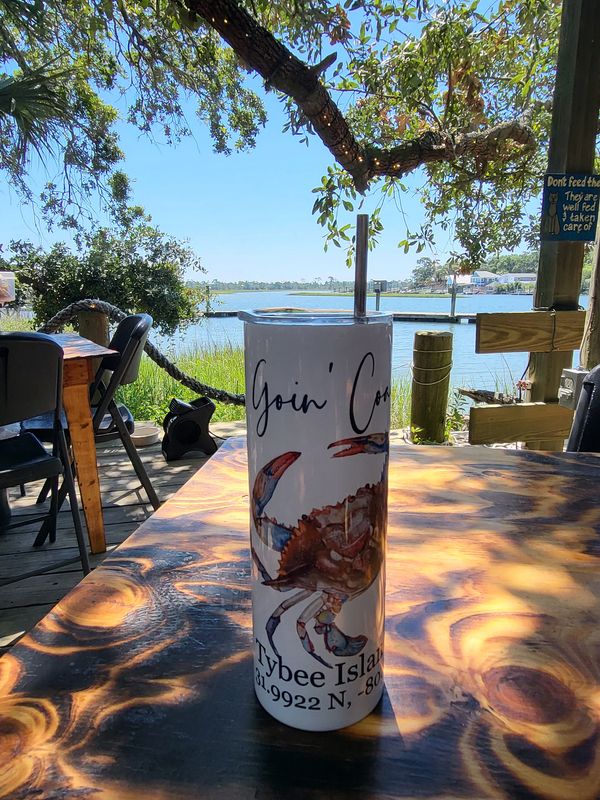 20oz travel tumbler with blue crab image and custom location and GPS with boat dock and oak trees