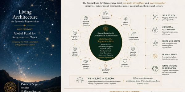 Infográfico sobre o Global Fund for Regenerative Work e sua rede colaborativa.
