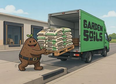 A happy animated dirt creature carries garden soil bags to a green truck.