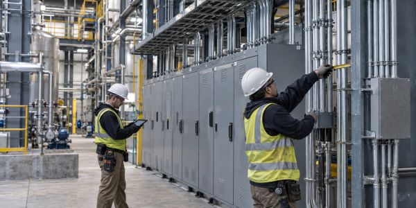 Industrial electricians installing conduit beside an MCC and control-panel lineup.