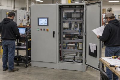Technicians performing factory acceptance testing on a completed PLC and HMI control-panel lineup.