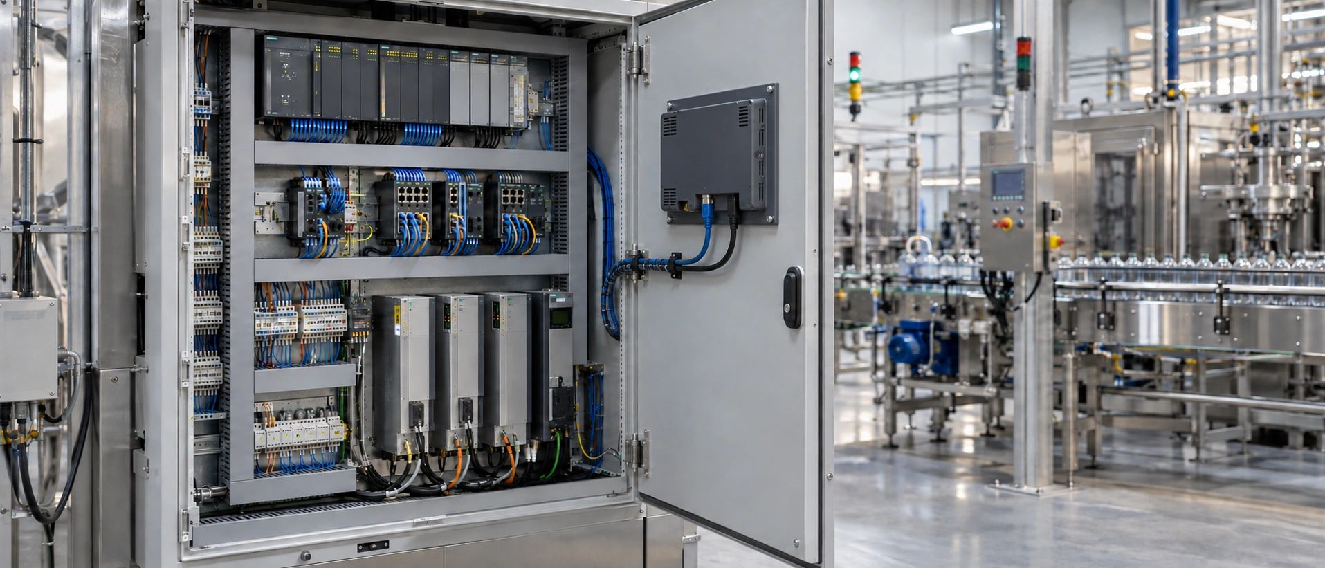 Industrial control cabinet with PLC, HMI, drives, and managed Ethernet switches