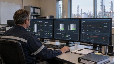 Operator monitoring oil and gas separators, tanks, pumps, alarms, and process trends from a SCADA co