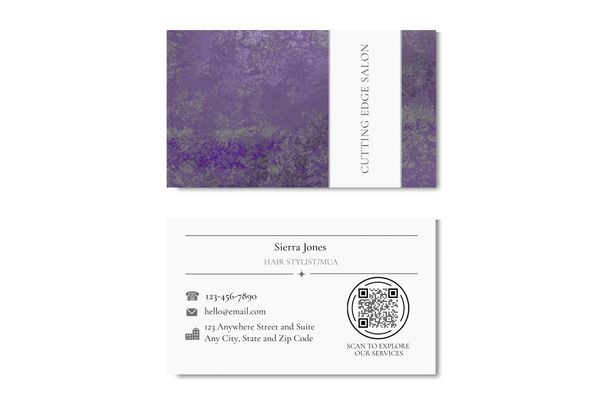 Business card with purple and gray mottled abstract design with some sheen and name of company.