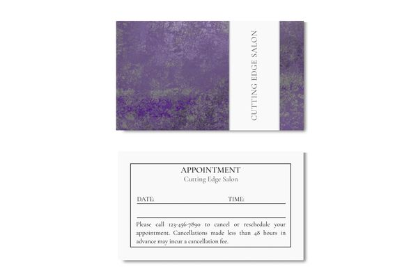 Business card with purple and gray mottled abstract design with some sheen and name of company.
