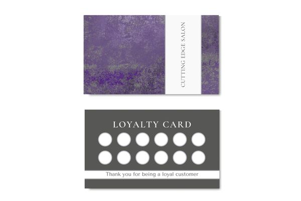 Business card with purple and gray mottled abstract design with some sheen and name of company.