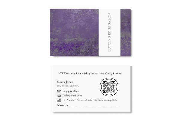 Business card with purple and gray mottled abstract design with some sheen and name of company.