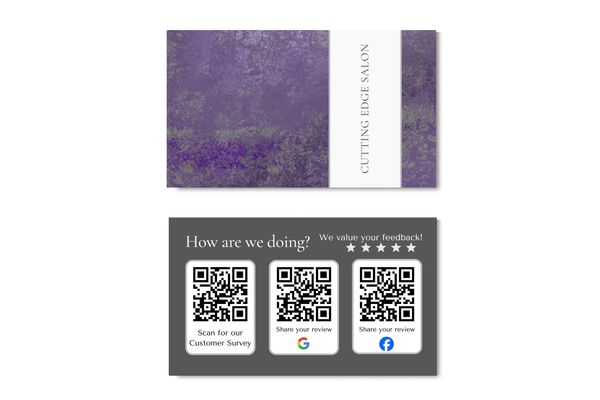 Business card with purple and gray mottled abstract design with some sheen and name of company.