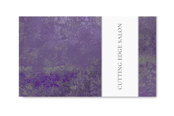 Business card with purple and gray mottled abstract design with some sheen and name of company.