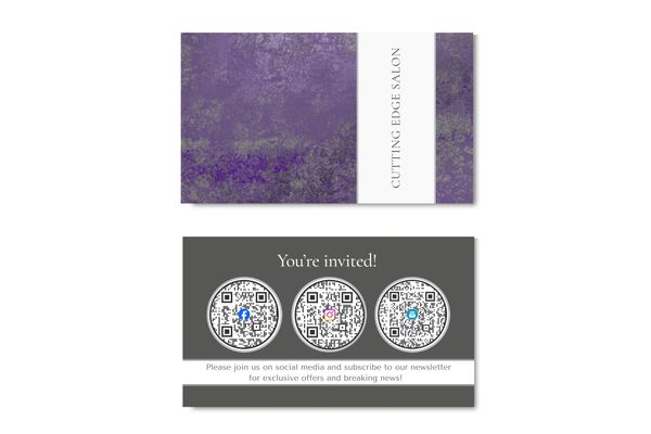 Business card with purple and gray mottled abstract design with some sheen and name of company.