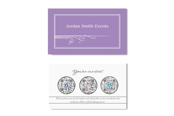 Business card in amethyst color with name of business and art nouveau fleurons.