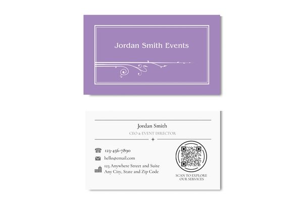 Business card in amethyst color with name of business and art nouveau fleurons.