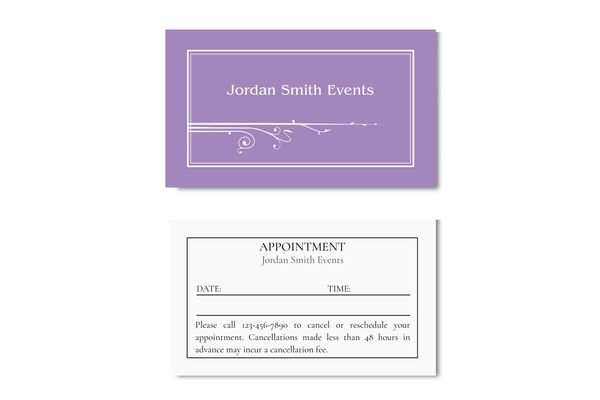 Business card in amethyst color with name of business and art nouveau fleurons.