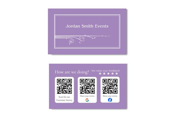 Business card in amethyst color with name of business and art nouveau fleurons.