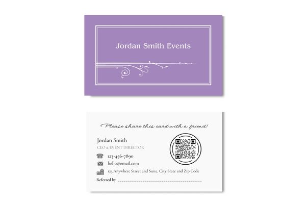 Business card in amethyst color with name of business and art nouveau fleurons.