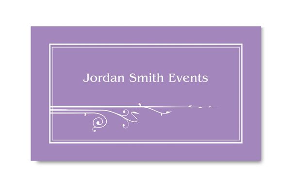 Business card in amethyst color with name of business and art nouveau fleurons.
