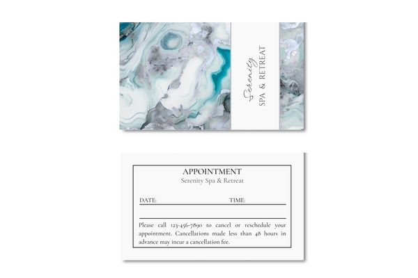 Business card with white, gray and turquoise marbled design and name of company.
