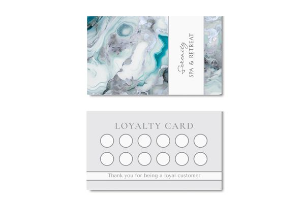 Business card with white, gray and turquoise marbled design and name of company.