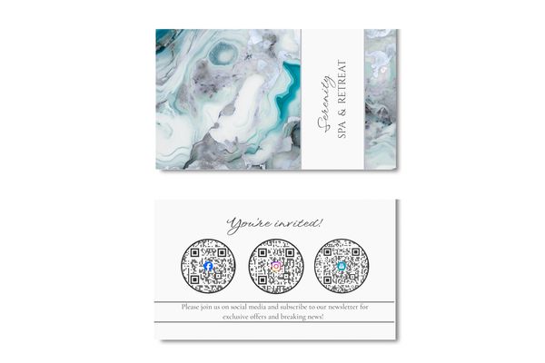 Business card with white, gray and turquoise marbled design and name of company.