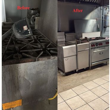 Before and after cleaning of a commercial kitchen stove area.