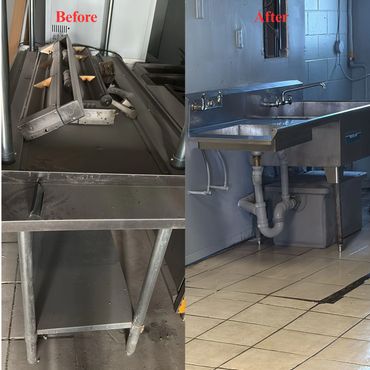 Before and after images of a metal sink and table setup, showing cleaning and repair work.