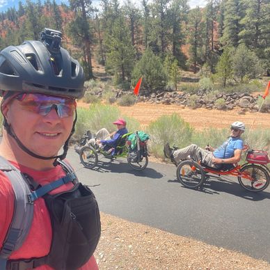 Two People in Red Canyon on Recumbent Trikes