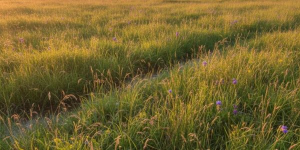 Sunlit grassy field with scattered purple wildflowers in the late afternoon.