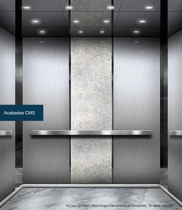 Acabados del interior de un elevador para pasajeros ASME A17.1 CSA B44 en mármol y acero inoxidable
