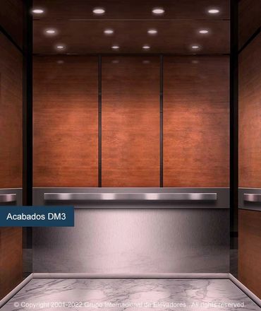 Vista frontal de un elevador para pasajeros ASME A17.1 con acero inoxidable de fondo y madera