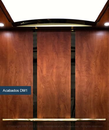 Vista de la pared posterior y del techo de un elevador para pasajeros ASME A17.1 en madera natural