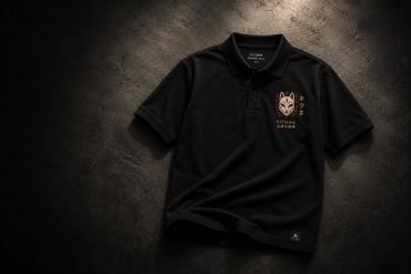 Black polo shirt with Kitsune fox mask design and Japanese text.